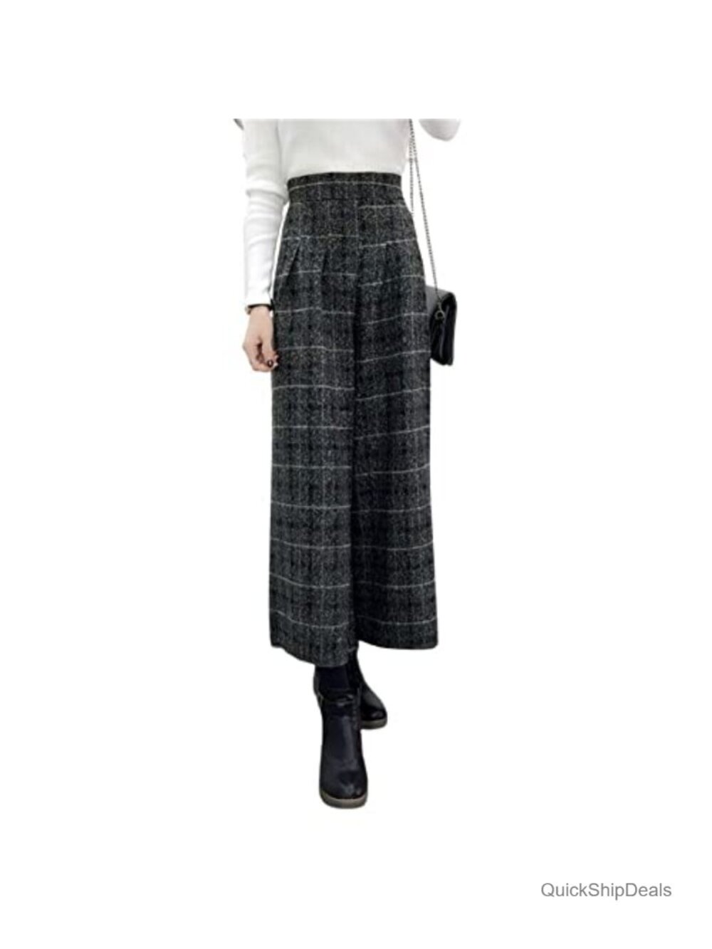 Women's High Waist Wide Leg Wool Blend Palazzo Capri Pants with Pockets